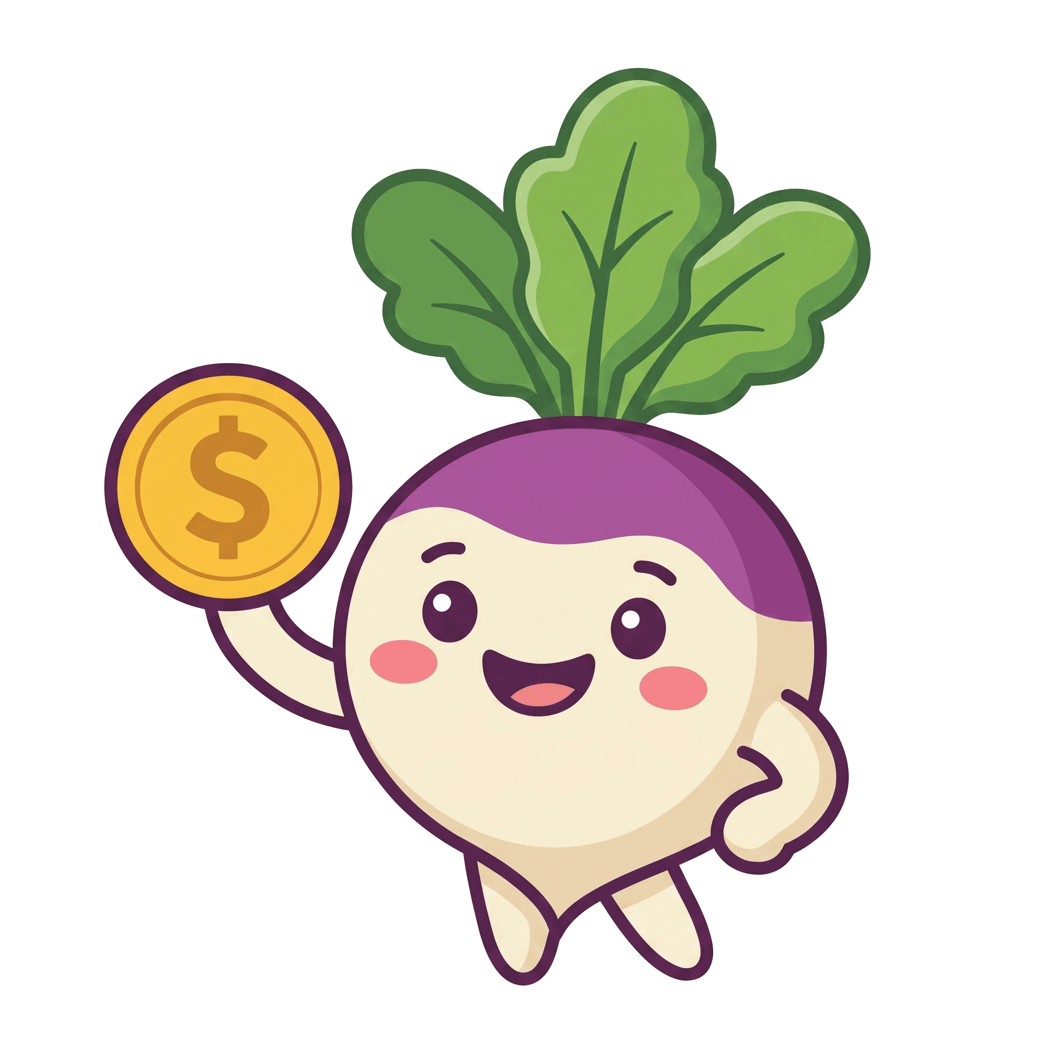 ThriftyTurnip mascot holding a coin